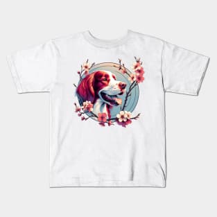 Joyful Irish Red and White Setter Amidst Spring Cherry Blossoms Kids T-Shirt